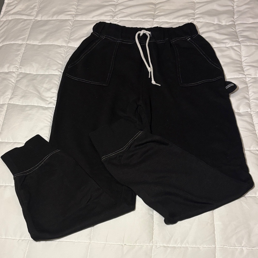 Black Cargo Jogger Pants with White Stitching and Drawstring